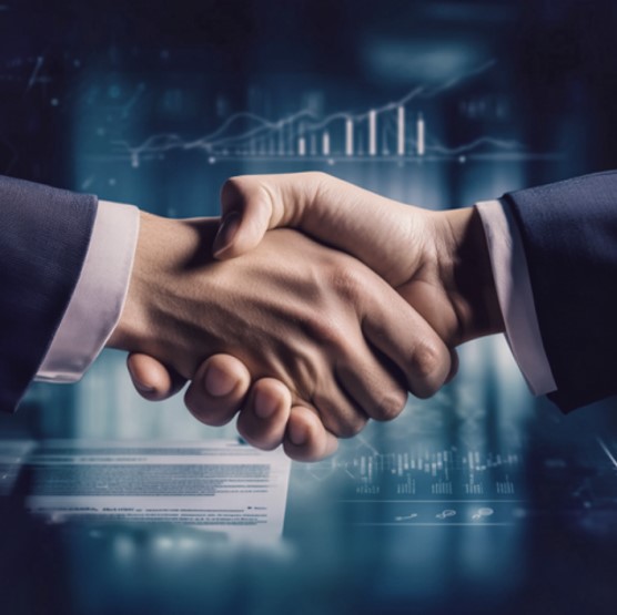 Two business people shaking hands after closing a license agreement