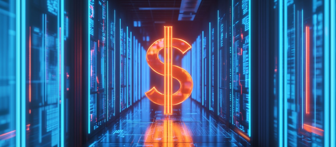 A glowing dollar sign in a holographic data room