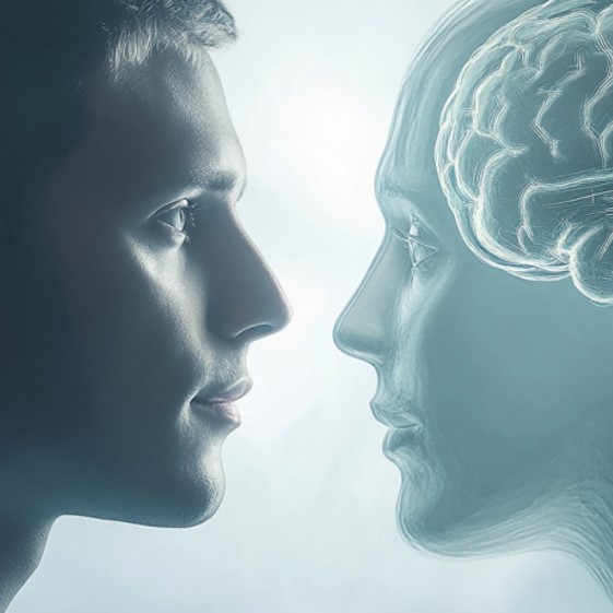 a human face and a holographic face in which a holographic brain is recognisable as a symbol for the collaboration between human and artificial intelligence