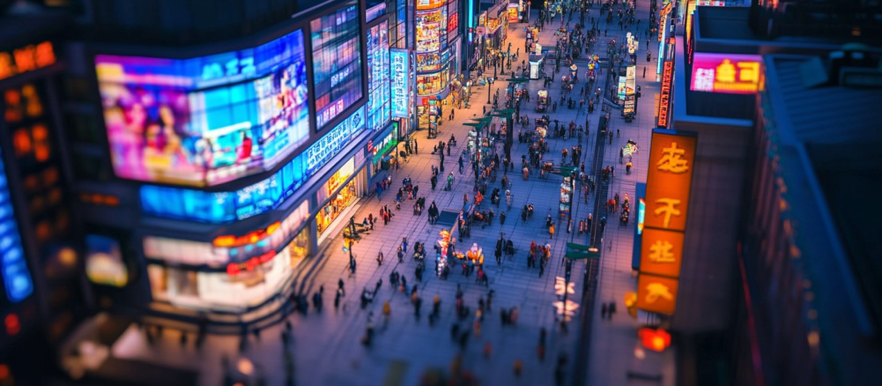 Picture of a Chinese shopping mall covered with people