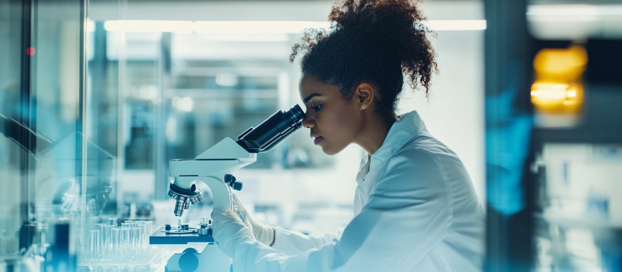 Photo of a female chemist looking through a microscope with concentration.