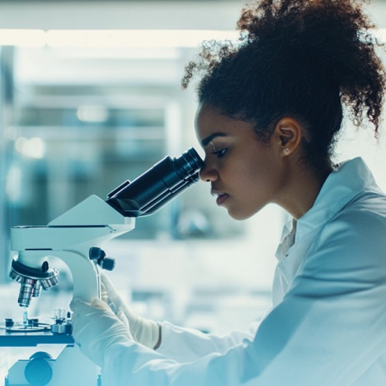 Photo of a female chemist looking through a microscope with concentration.