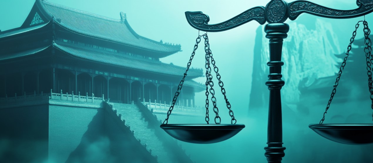 Picture of a scale as a symbol of justice. In the background, a Chinese pagoda.