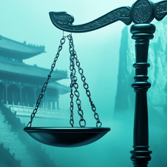 Picture of a scale as a symbol of justice. In the background, a Chinese pagoda.