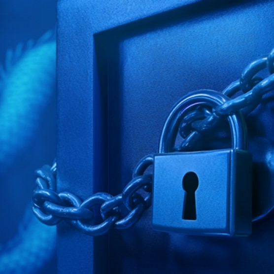 Picture of a safe. A chain is wrapped around the safe. The chain is held together by a padlock.