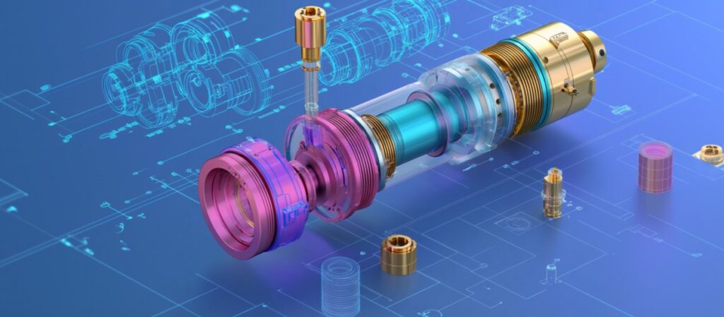 CAD image of a shaft in which individual functional elements are highlighted in colour