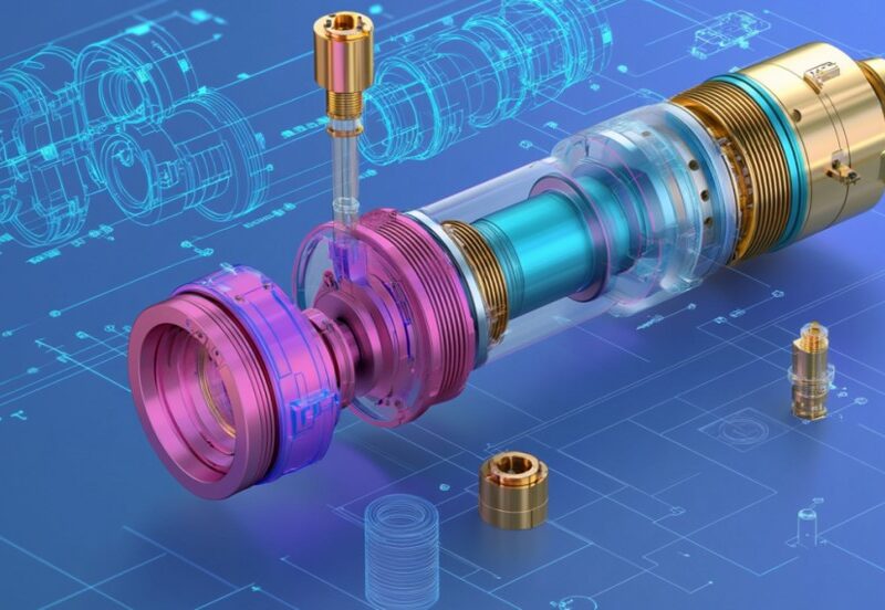 CAD image of a shaft in which individual functional elements are highlighted in colour