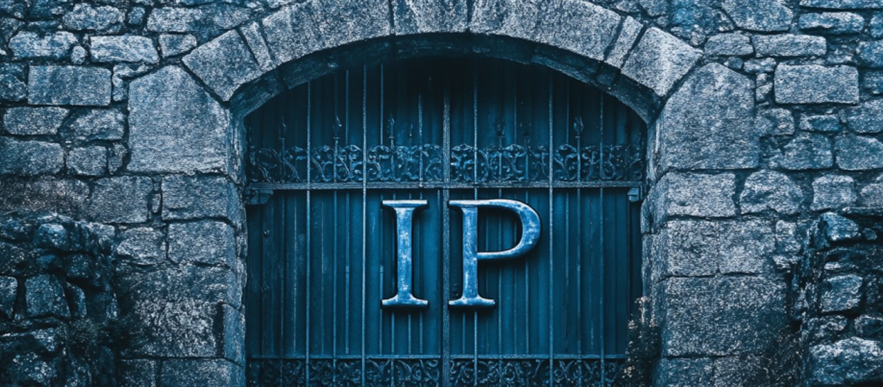 A photo of a castle wall with a closed castle gate. The letters ‘IP’ are made of iron on the gate.