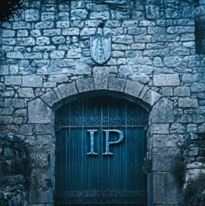 A photo of a castle wall with a closed castle gate. The letters ‘IP’ are made of iron on the gate.