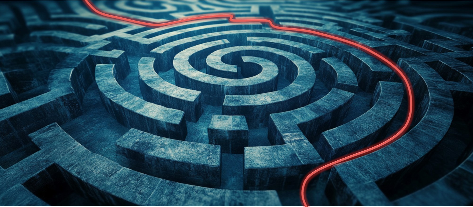 Labyrinth with a marked path as a symbol for finding a targeted solution in complex situations