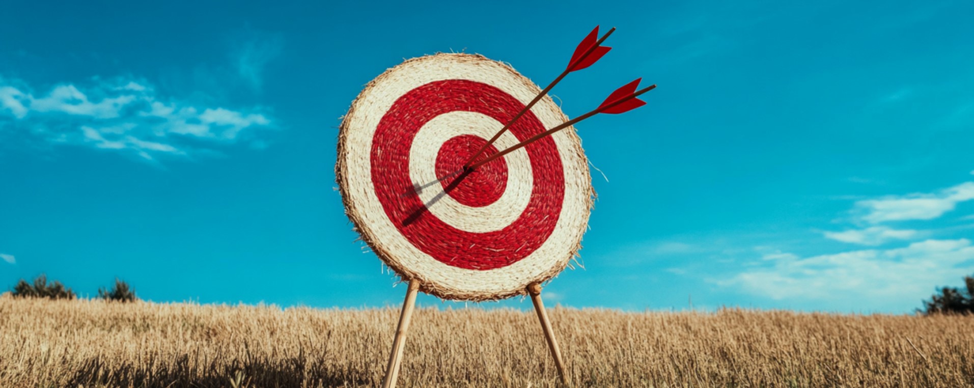 Photo of a red and white target with two arrows in the centre.