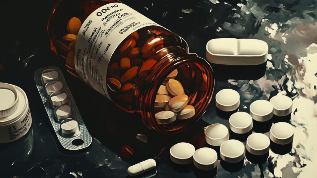 An open pill bottle with orange-colored tablets spilling out onto a dark reflective surface, surrounded by various white pills, blister packs, and containers.