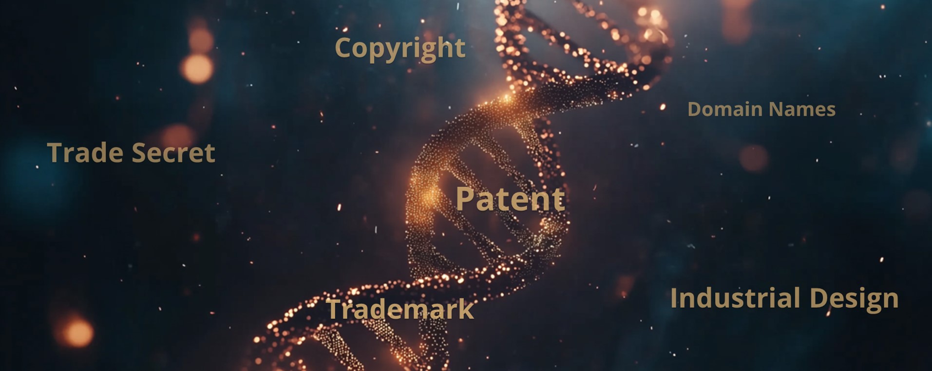 Illustration of a DNA double helix, with IPR terms such as patent, trademark or copyright in the background