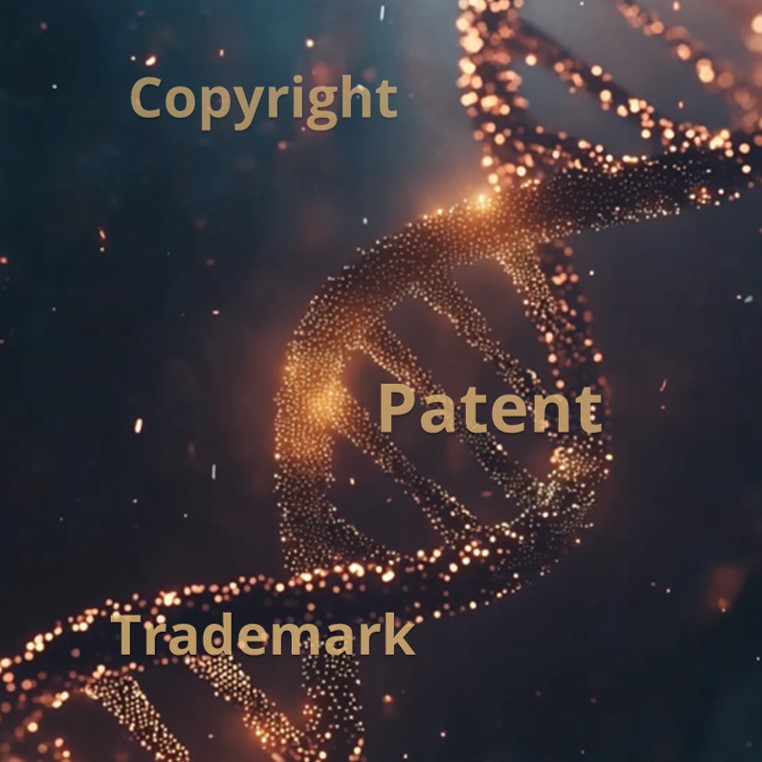 Illustration of a DNA double helix, with IPR terms such as patent, trademark or copyright in the background