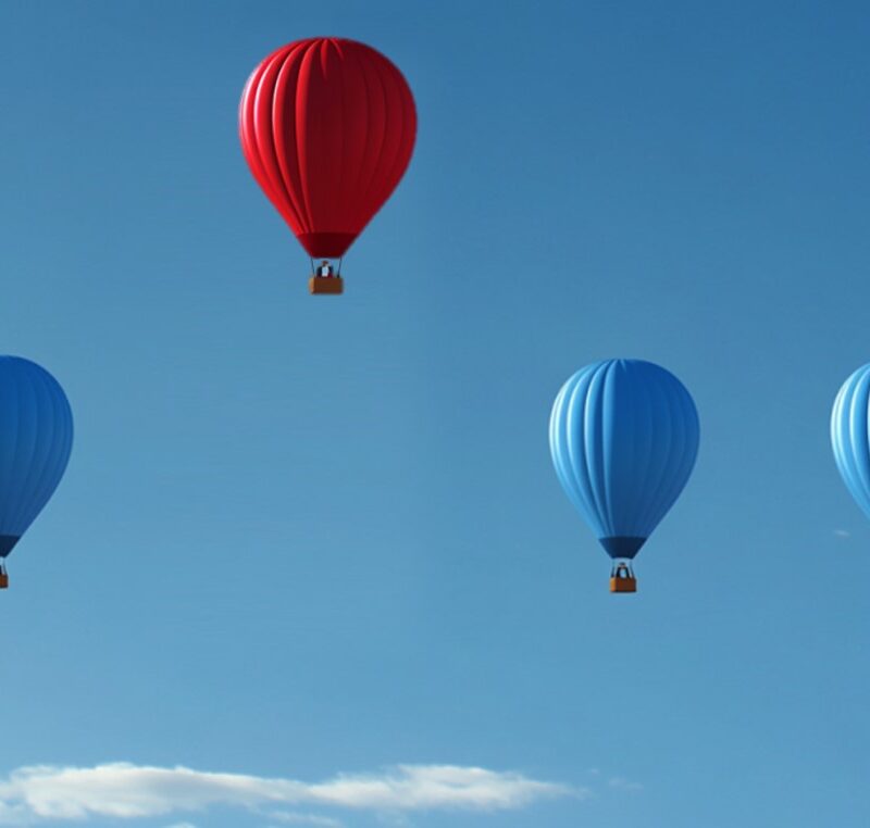 Photo with a front view of blue hot air balloons flying at the same altitude. Only one balloon is red and has risen significantly higher as a symbol for strategy.