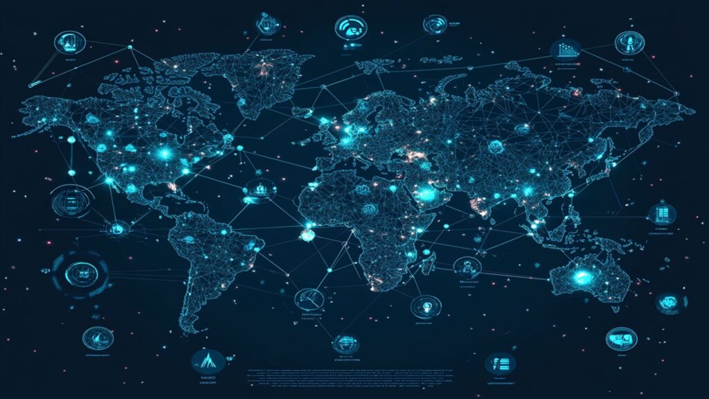 A digital world map visualizing global interconnected networks and data flows. The map is illuminated with glowing nodes and lines connecting various regions, symbolizing technological connections, communication systems, and global infrastructure. Icons representing concepts like cybersecurity, innovation, and data analytics are distributed across the map.