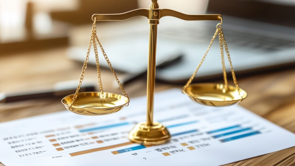 A golden balance scale placed on a desk, symbolizing fairness and equity, with financial charts and data sheets in the background, representing the concept of financial analysis and decision-making.