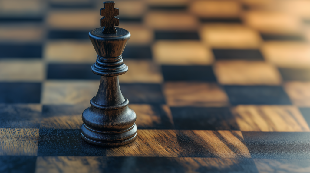 A close-up view of a black chess king piece standing prominently on a wooden chessboard, with soft lighting and blurred background creating a dramatic and strategic atmosphere.