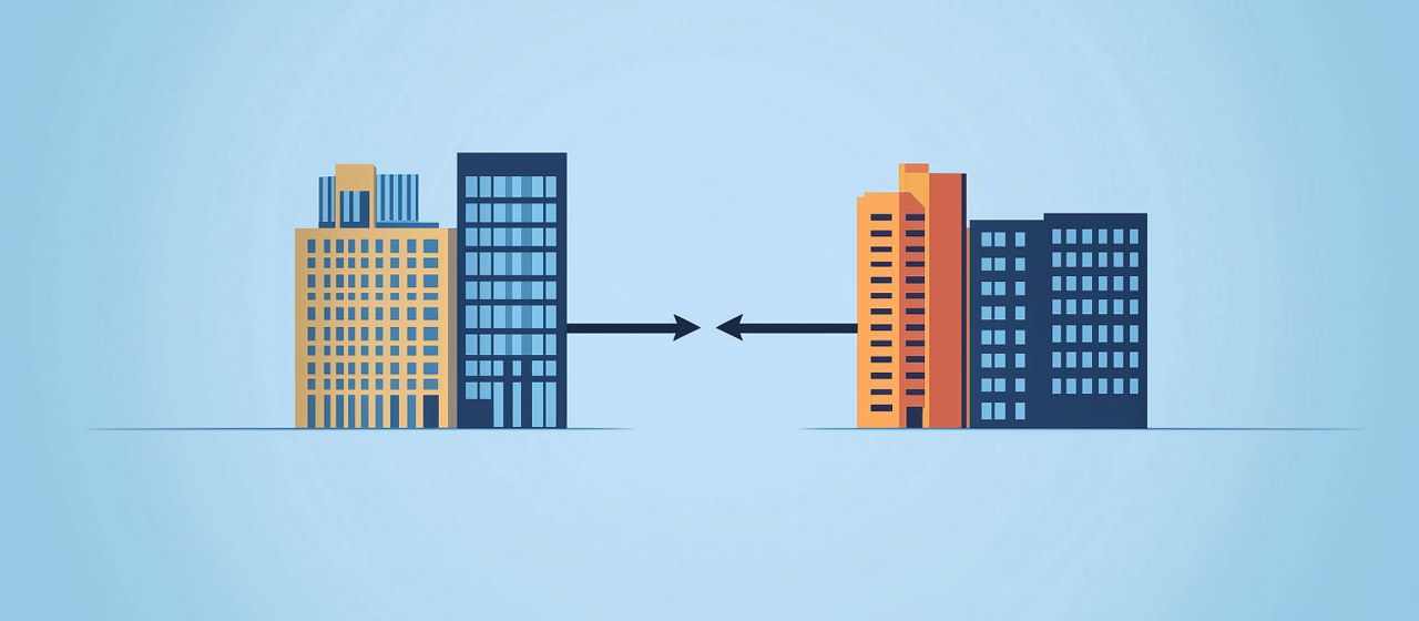 A law firm and a company building with arrows between them, symbolizing insourcing and outsourcing