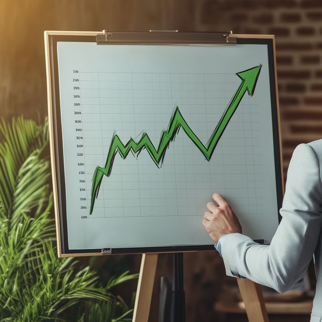 A decision-maker in front of a flip chart showing a green upwards arrow