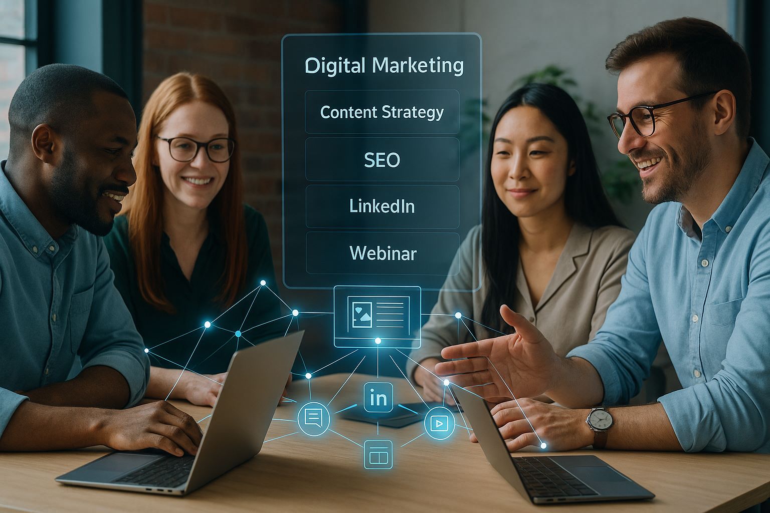 Four diverse IP professionals sit together at a table with laptops, connected by glowing digital lines and icons. A central holographic interface displays terms like 'Content Strategy,' 'SEO,' 'LinkedIn,' and 'Webinar,' symbolizing collaborative digital marketing efforts driven by the IP community