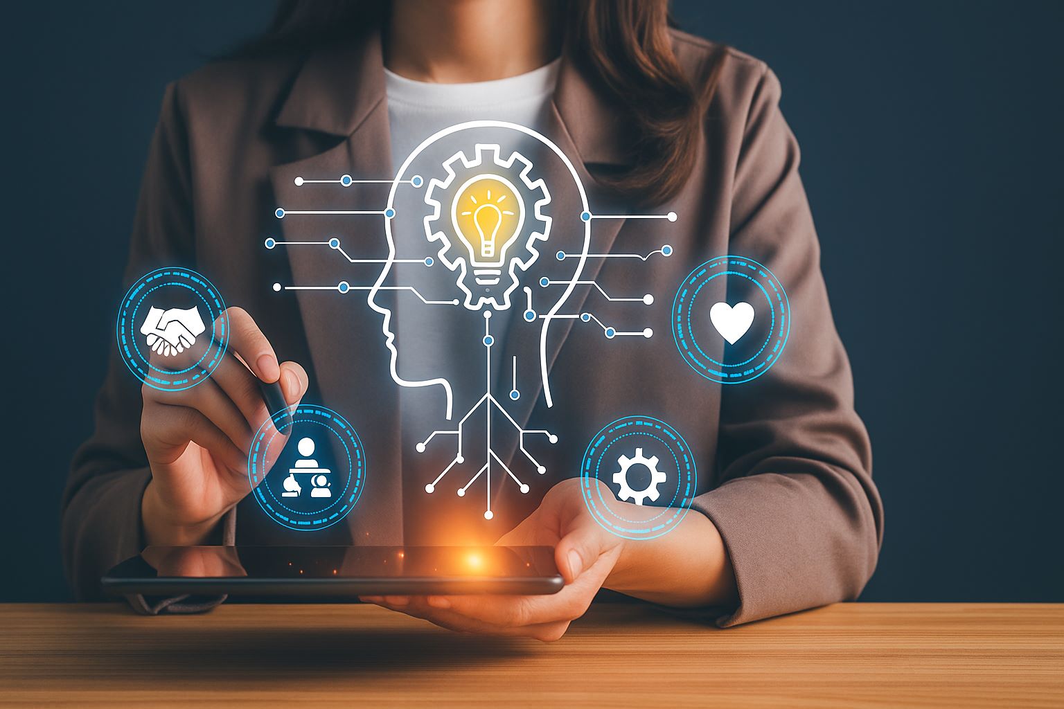 A woman in business attire interacts with a transparent digital tablet. Floating icons represent personal skills such as teamwork, communication, innovation, and growth. A head silhouette with a gear and lightbulb symbolizes learning. The image blends technology and professional development.