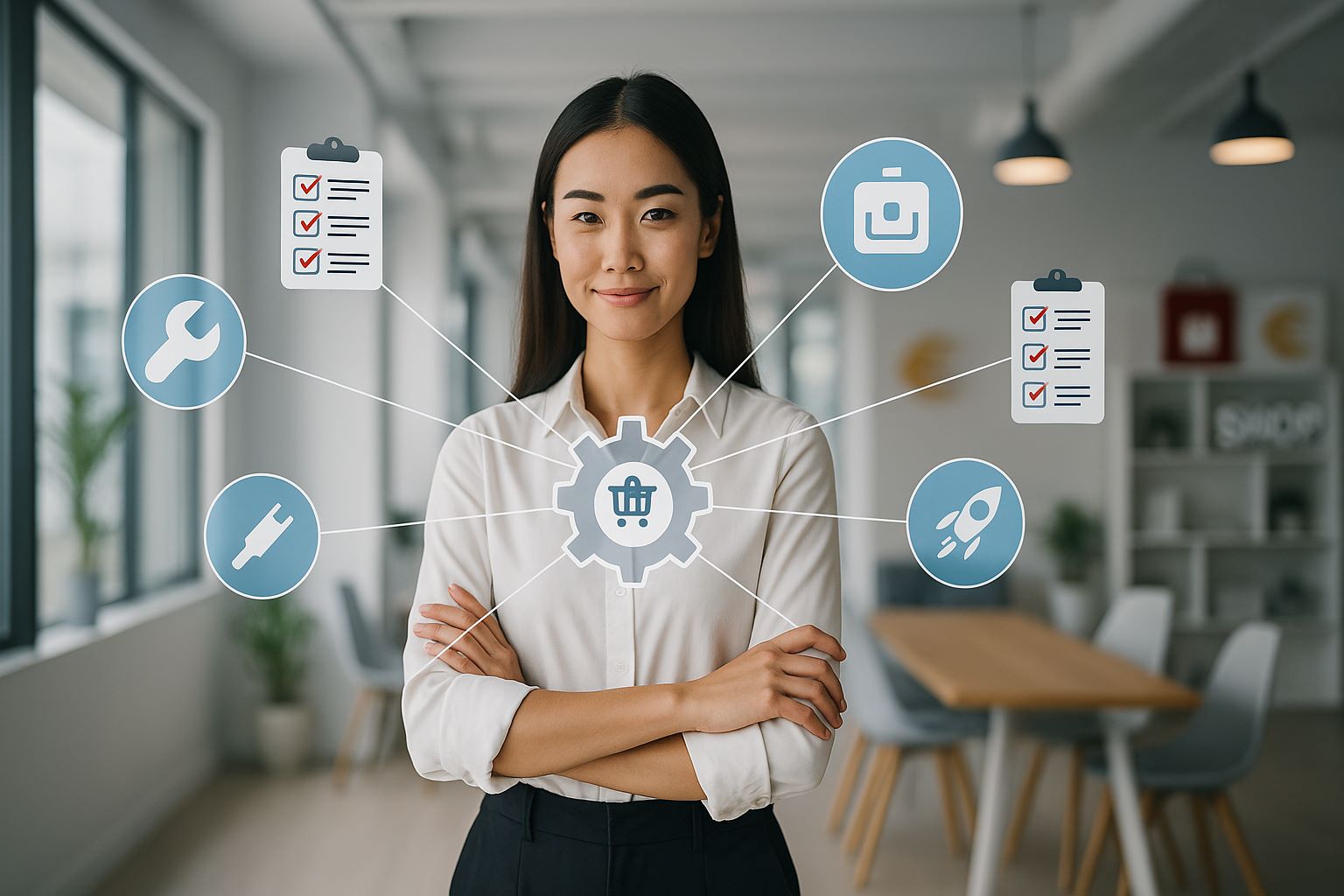 A young woman stands in a modern startup office, surrounded by floating icons representing checklists, tools, and courses. Fine lines connect each icon to a gear with a shop symbol hovering at chest level. Subtle shop elements like a basket icon appear in the background, symbolizing a central hub for personal and professional growth.