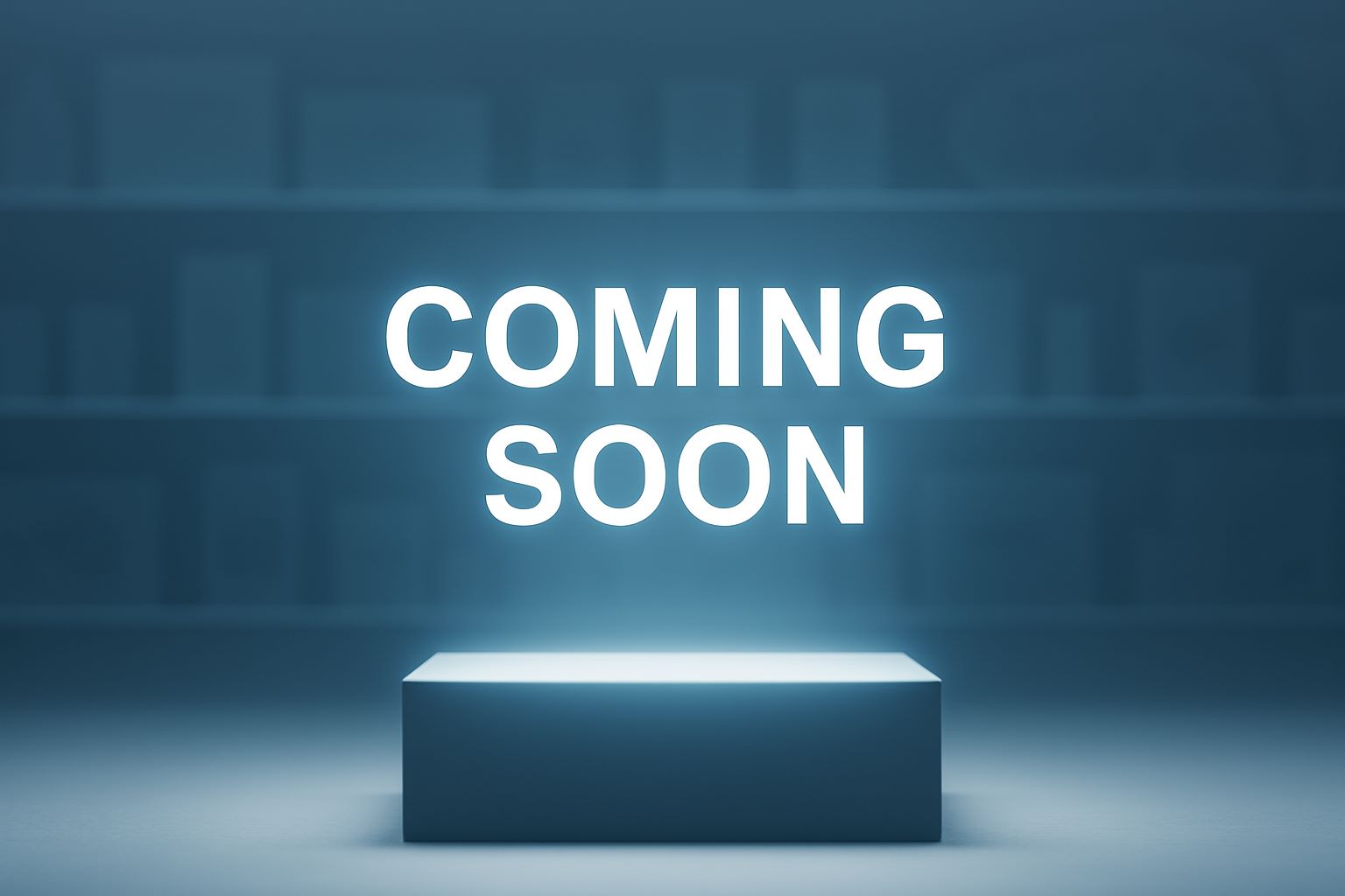 A brightly lit pedestal stands at the center of a clean, futuristic space, with the words 'COMING' and 'SOON' stacked in bold white capital letters above it. The blurred background shows abstract shelves, creating a sense of mystery and anticipation