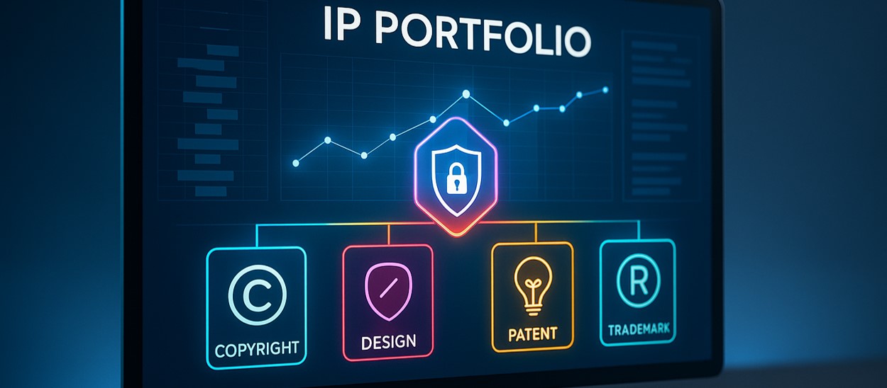 A modern dashboard on a screen displays a product with IP rights as networked nodes.