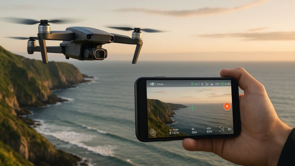 A DJI consumer drone with its camera pointed forward hovers over a body of water with cliffs in the background. A person's hand holds a smartphone showing the live camera feed, displaying flight data. The setting is a bright day at dusk or dawn.