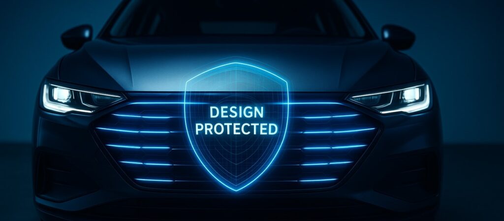 The front of an electric car in semi-darkness. The design of the radiator grille is particularly distinctive. A hologram highlights this area and displays a digital 3D ‘Design protected’ mark.
