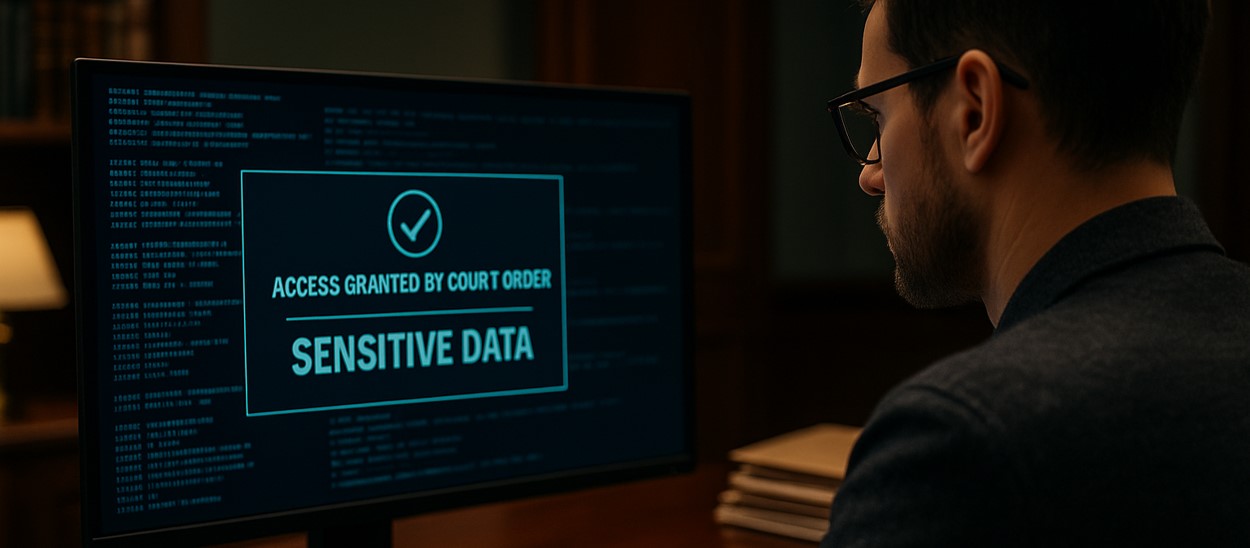 An IT specialist sitting in front of a monitor displaying the message ‘Access granted by court order’.