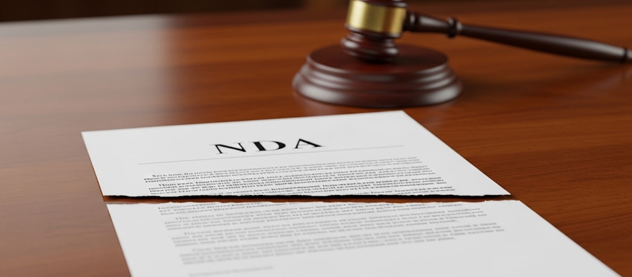 An NDA torn in the middle, lying on a judge's table