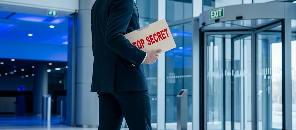 An employee who is about to leave the entrance area of a company. He is carrying a file folder under his arm with the words ‘TOP SECRET’ written on it.