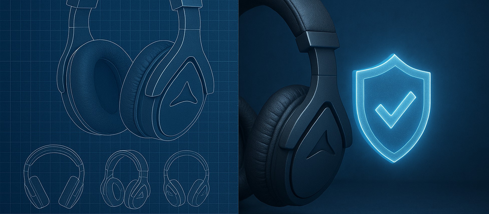 Half of the image shows a technical blueprint of headphones having a specific shape; the other half shows the finished product — with a translucent digital shield hovering above it.