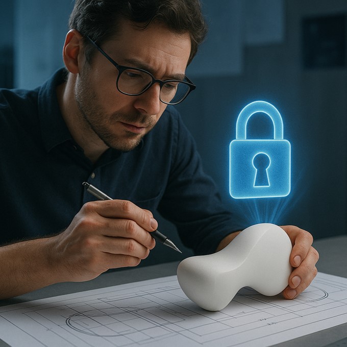 A professional designer is working on a physical prototype, and a digital lock symbol emerges from the object like a hologram — visualizing design rights activation.