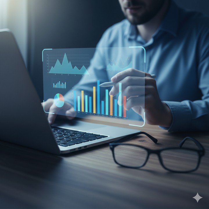 A person sitting in front of a laptop displaying diagrams of business performance on their screen