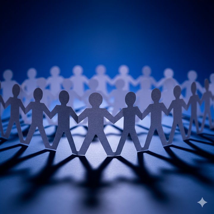 Multiple rows of cutout figures holding hands, creating a sense of connection and community