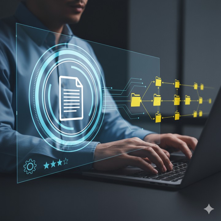 A person works on a laptop while a bright blue digital overlay displays data flow and file monitoring.