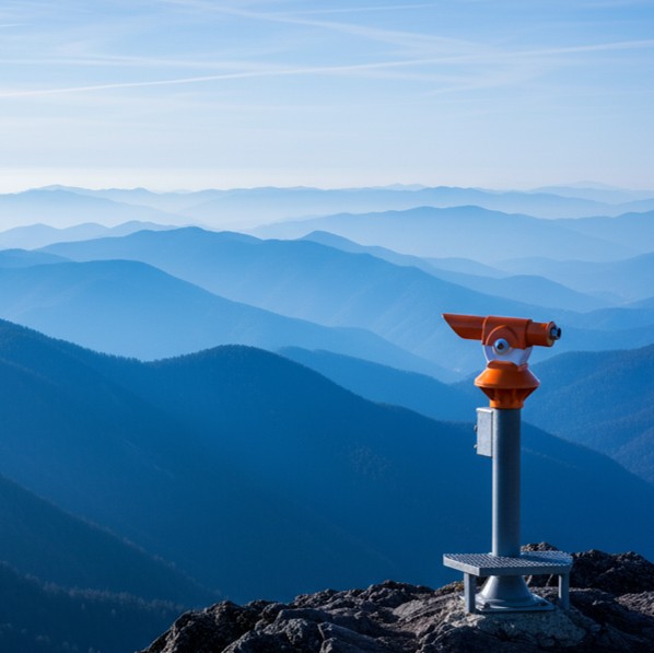 Mountain landscape with a telescope symbolising foresight