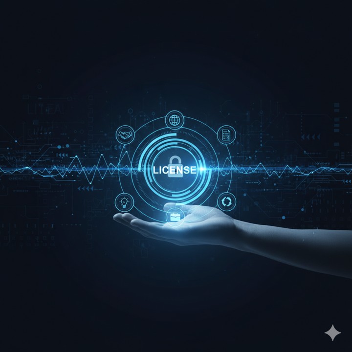 An upward-facing hand holding a button with the caption "LICENSE" surrounded by peripheral icons