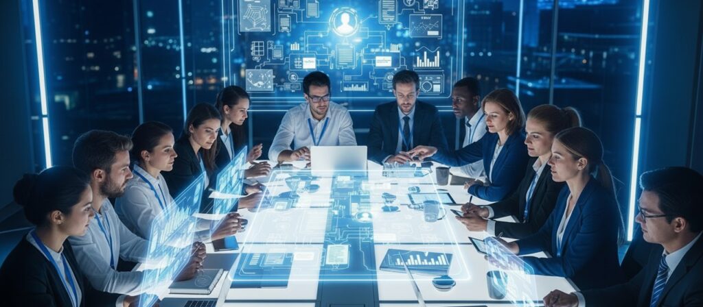 A collaboration scene with developers and business people.