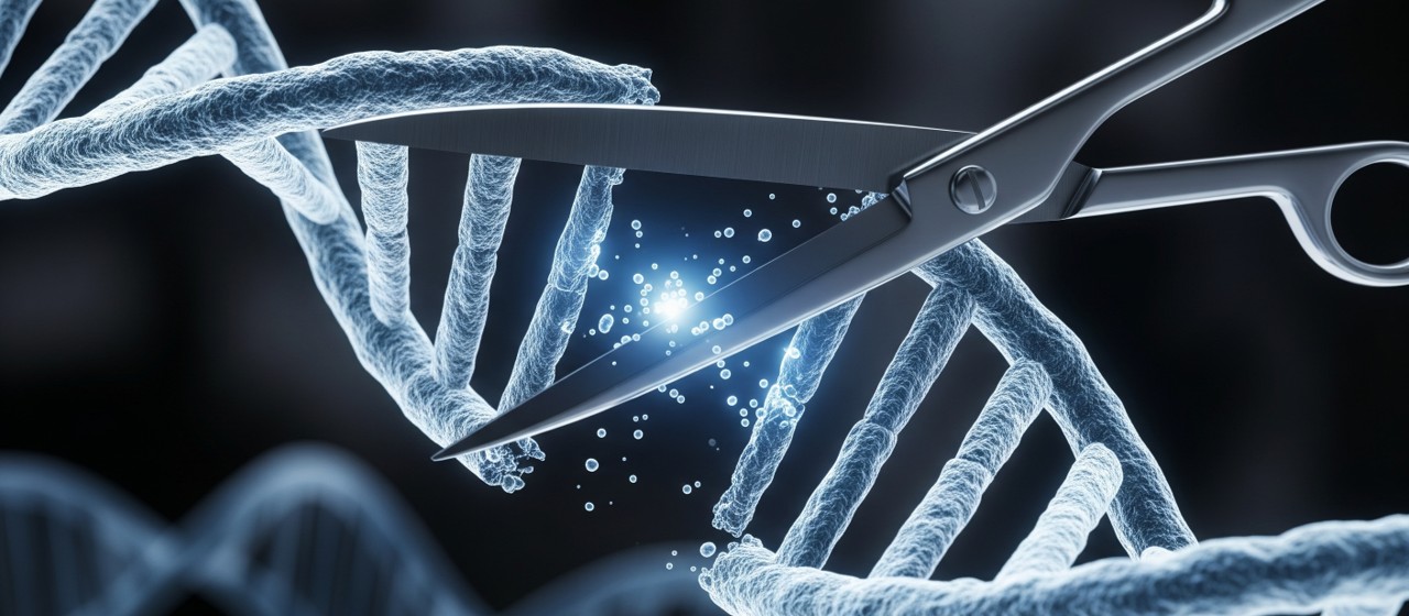 A DNA double helix, which gets cut by a pair of scissors.