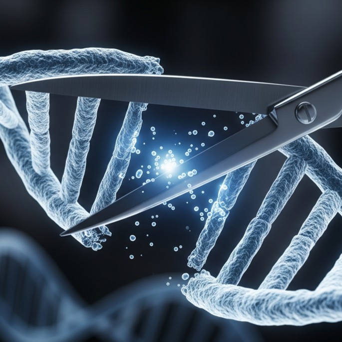A DNA double helix, which gets cut by a pair of scissors.