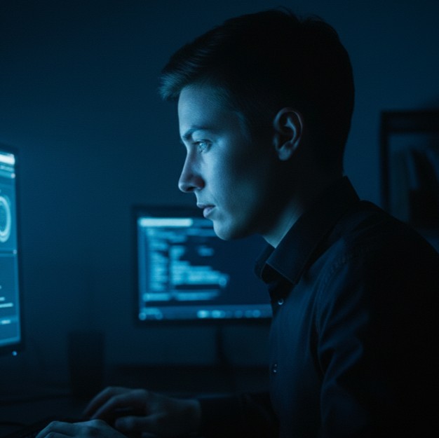 A man in front of a computer screen filled with data.