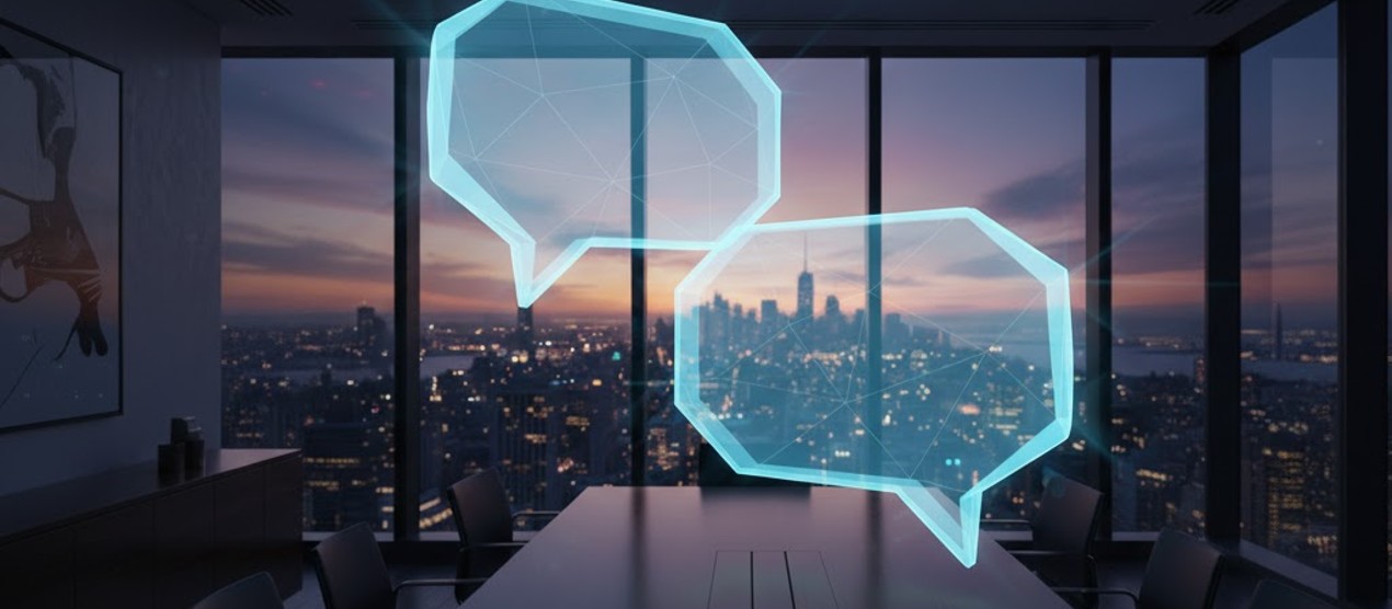 two transparent speech bubbles overlapping in soft blue tones, symbolising mediation and structured dialogue