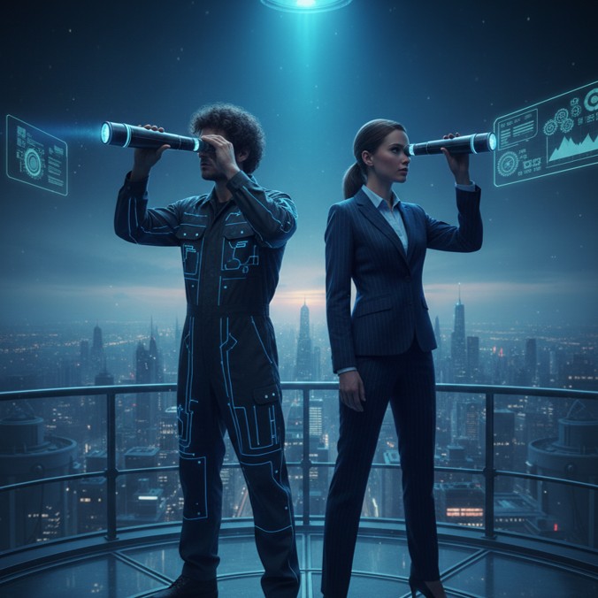 Patent and business experts, looking with spyglasses in the future.