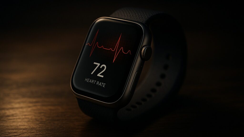 Close-up of a dark-colored wearable or smartwatch on a wooden surface, showing the screen with a red ECG line and a heart rate of 72 in large white text.