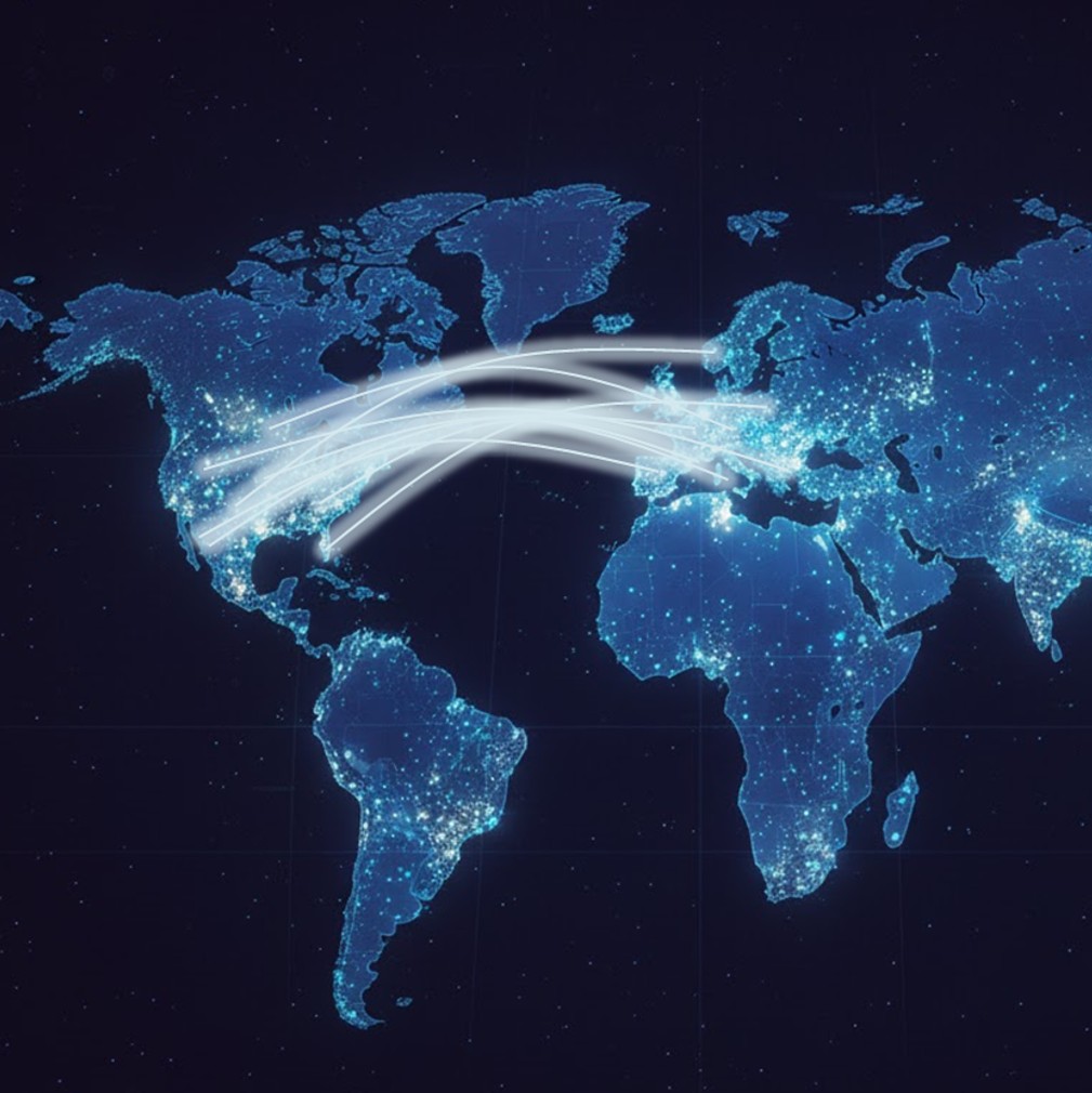 Digital world map with data nodes connecting Europe and the United States