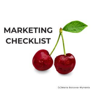 Two red cherries with green leaf on a white background; bold text reads “Marketing Checklist”
